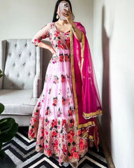 Exclusive Pink Georgette Embroidery Work Anarkali Gown With Dupatta