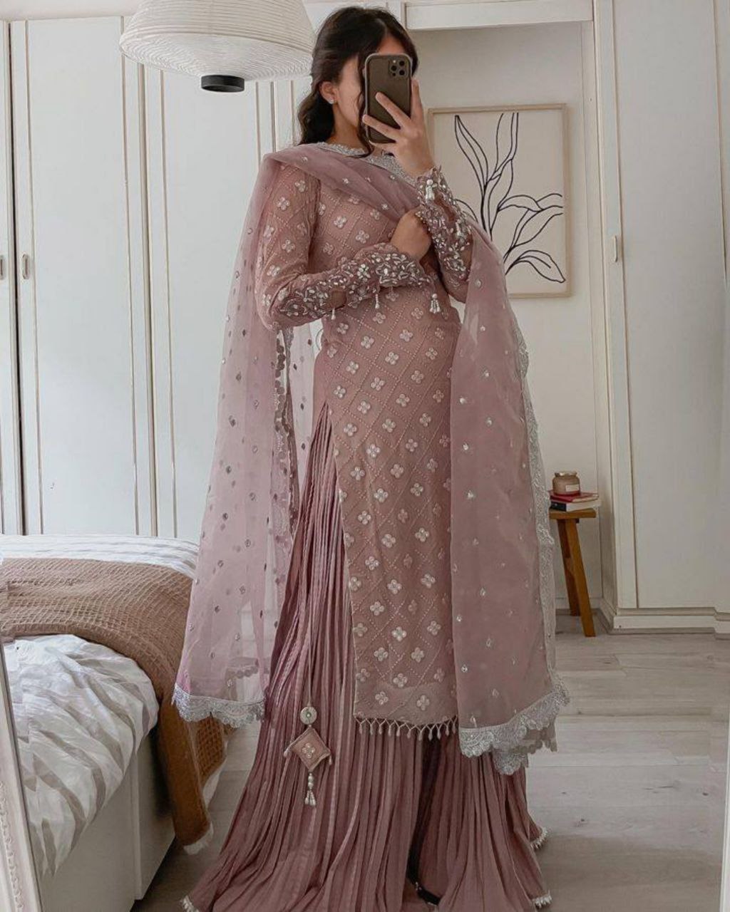 Exclusive Dusky Pink Georgette Embroidery Pakistani Suit With Dupatta