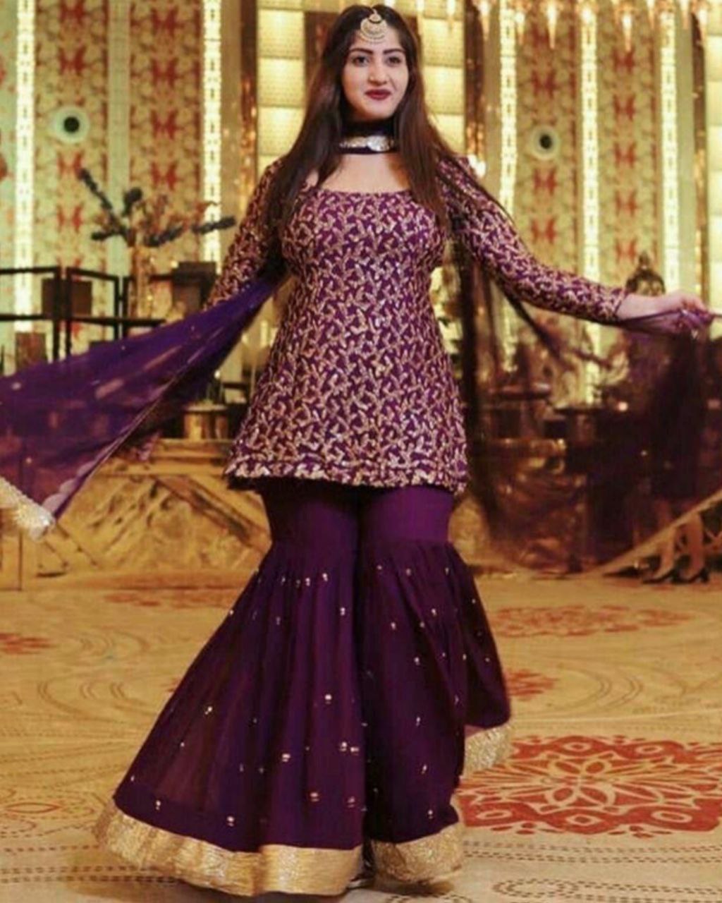 Exclusive Purple Georgette Embroidery Gharara Suit With Dupatta