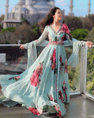 Exclusive Sea Green Georgette Floral Print Work Anarkali Gown With Dupatta