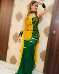 Exclusive Yellow-Green Georgette Embroidery Work Gharara Suit With Dupatta